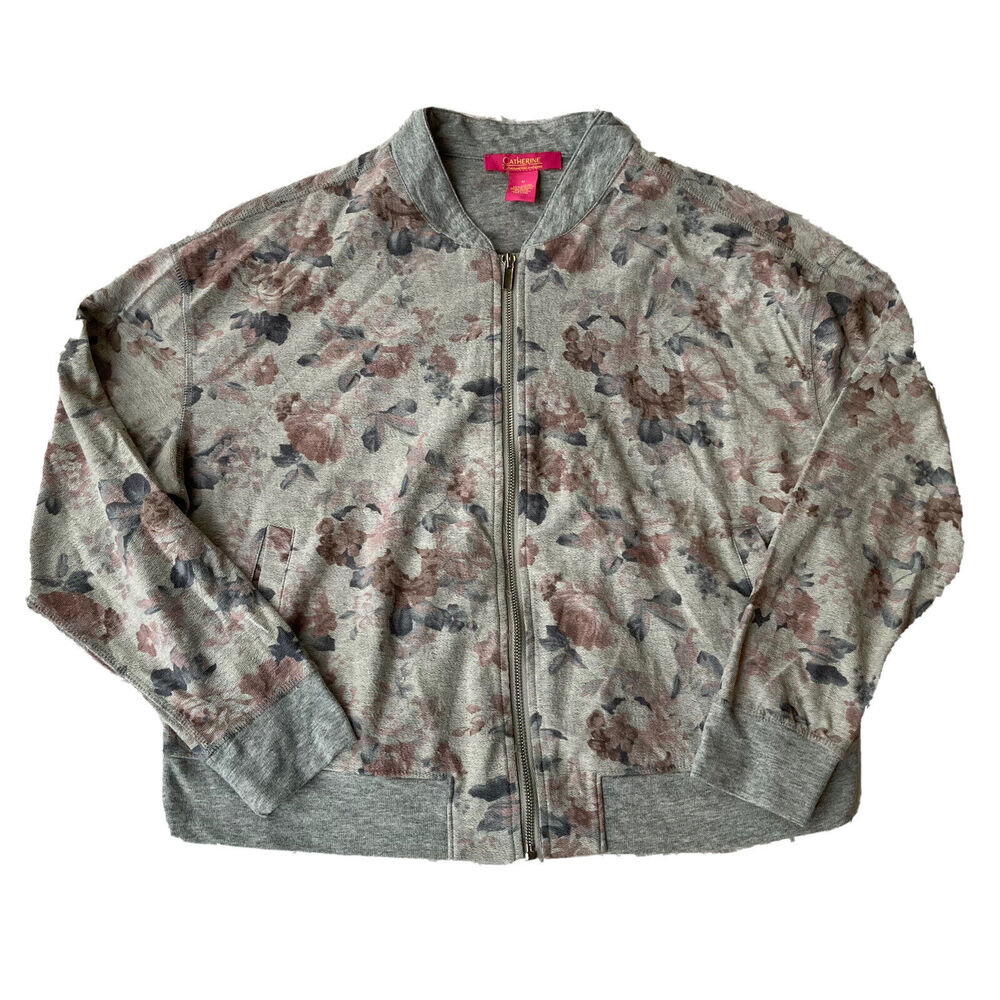 Catherine Malandrino Womens Sz M Sweatshirt Floral Bomber Jacket Full Zip Casual